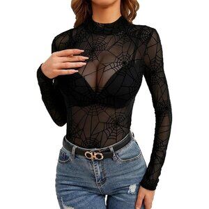 Women Pat4 Long Sleeve Mock Neck Fitted Sexy See Through Mesh Going Out Tops